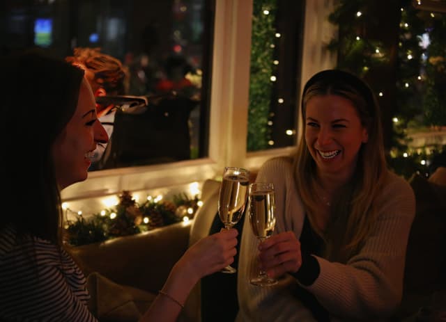 Two ladies smiling while doing a cheers